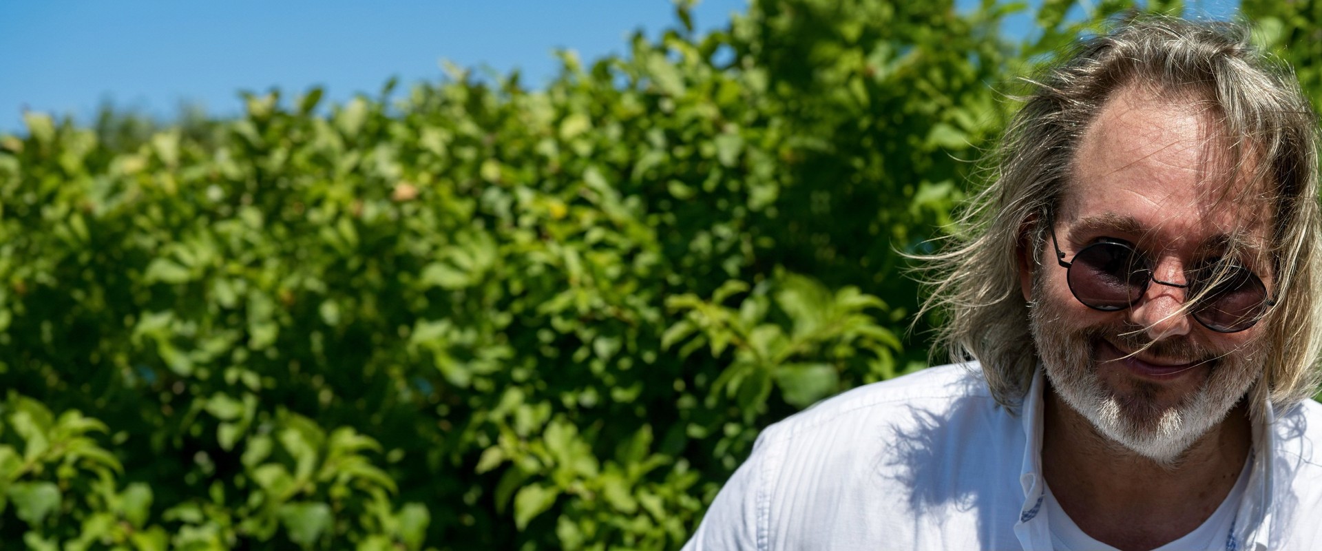 Matthias Menzel mit runder Sonnenbrille vor grünem Laub